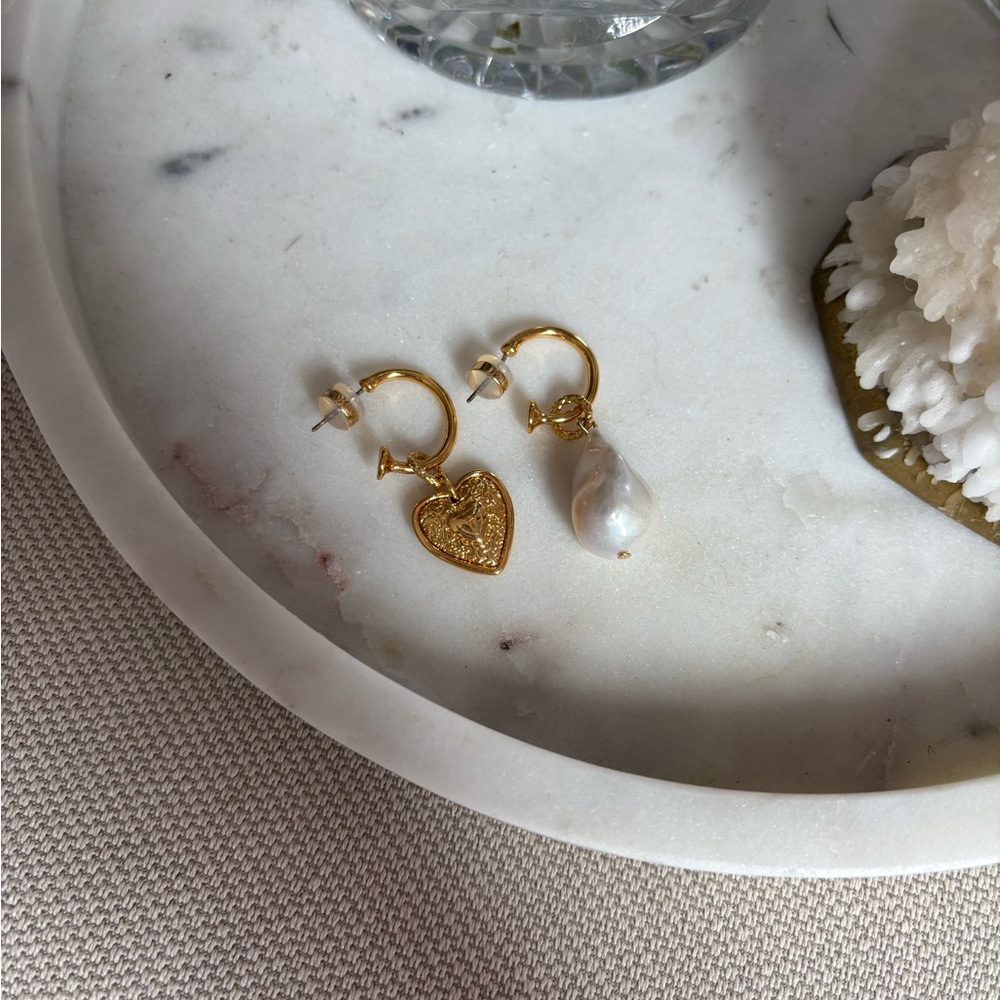 Gold Heart and Baroque Pearl Earrings